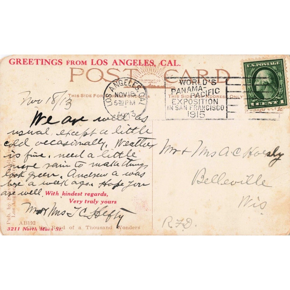 Vtg California Bungalow Winter Postcard Los Angeles 1913 Panama-Pacific Cancel - Picture 2 of 2